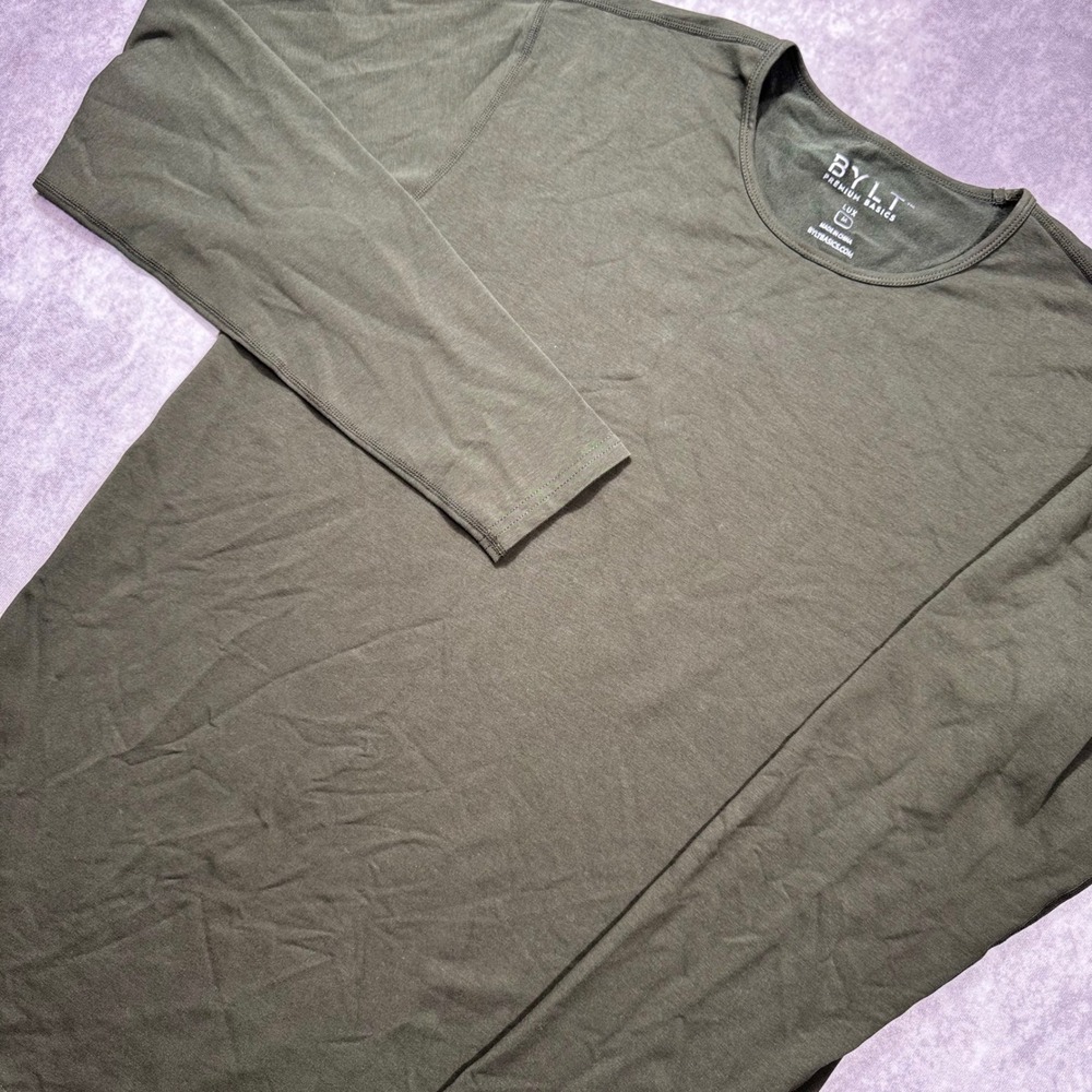 BYLT Premium Basics Lux Long Sleeve Shirt Olive Green Drop Cut Hem Mens Medium